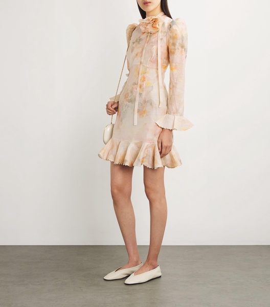 Linen-Silk Flower-Embellished Mini Dress