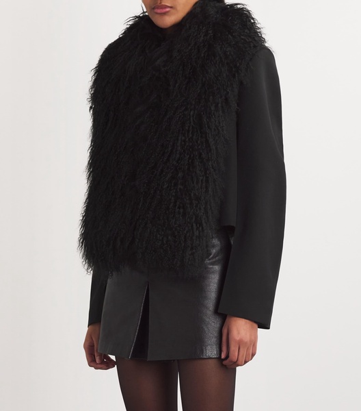 Wool Mongolian Fur Collar Cropped Blazer