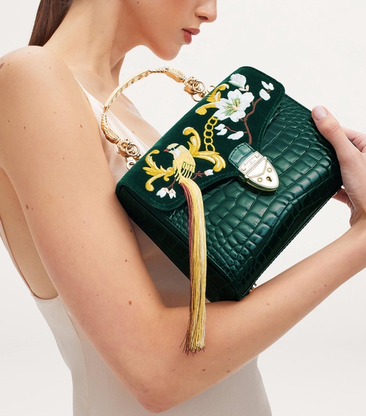 Midi Velvet Embroidered Mayfair Top-Handle Bag