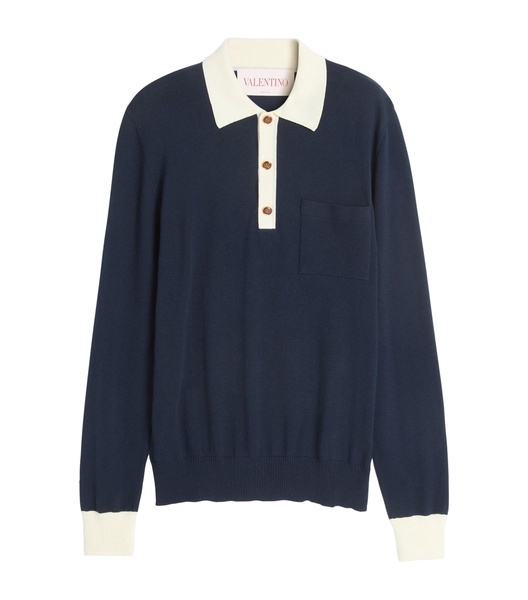 Cotton VLogo-Button Polo Sweater