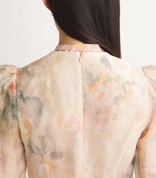 Linen-Silk Flower-Embellished Mini Dress