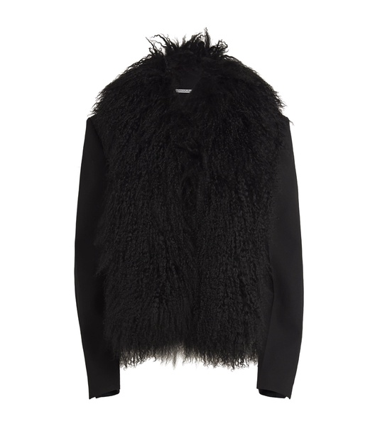 Wool Mongolian Fur Collar Cropped Blazer