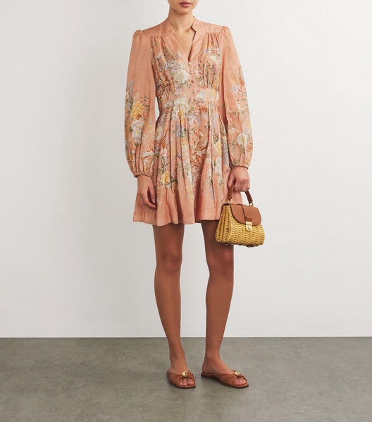 Linen Floral Mini Shirt Dress