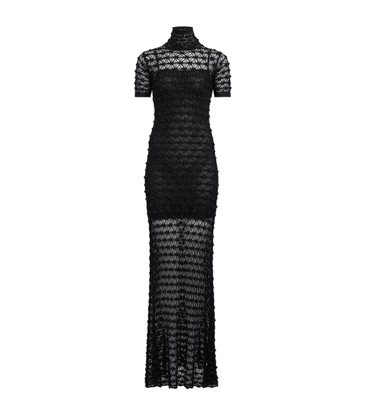 Mock-Neck Short-Sleeve Sheer Lace Gown