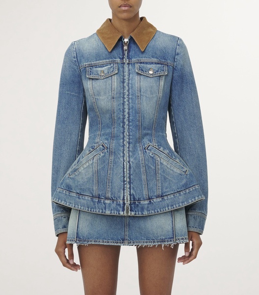 Peplum corduroy-trimmed denim jacket
