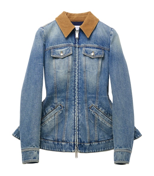Peplum corduroy-trimmed denim jacket
