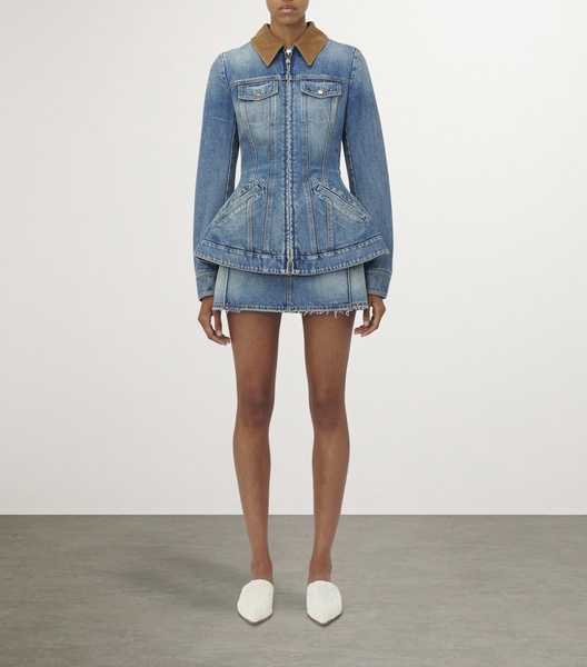 Peplum corduroy-trimmed denim jacket