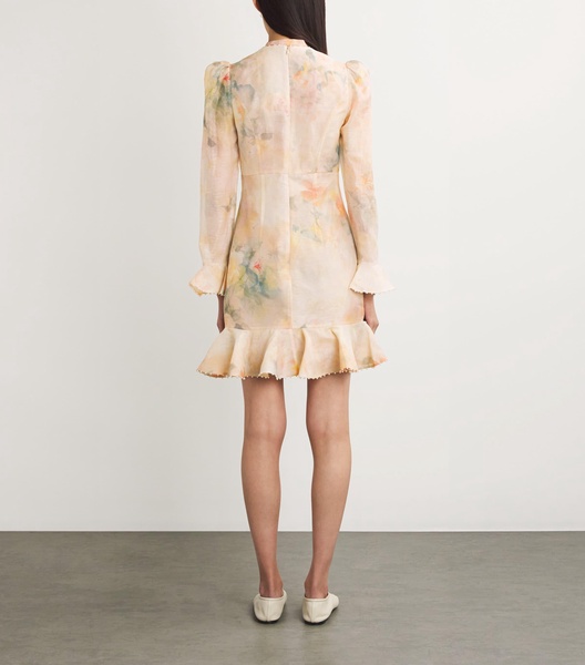 Linen-Silk Flower-Embellished Mini Dress