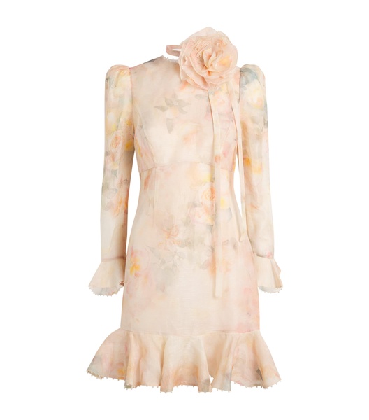 Linen-Silk Flower-Embellished Mini Dress