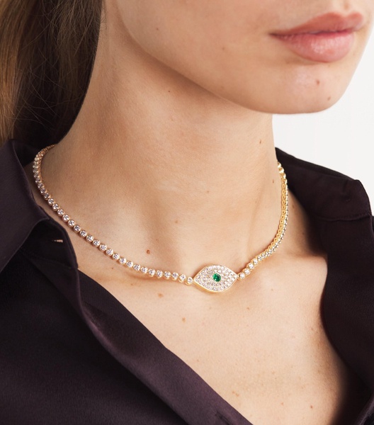 Yellow Gold, Diamond and Emerald Evil Eye Choker Necklace
