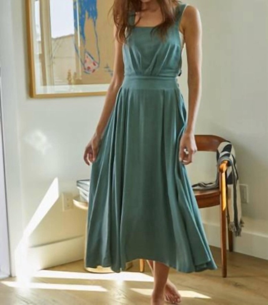 pleated dress with x-back straps in teal