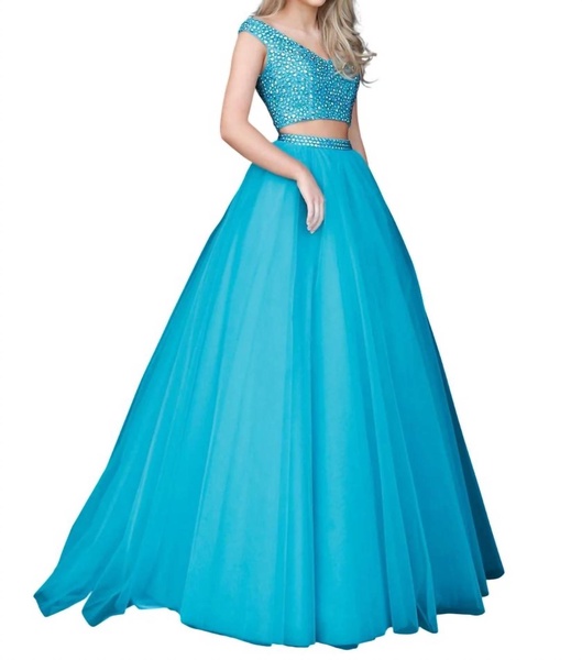 v-neck beaded prom dress in turquoise