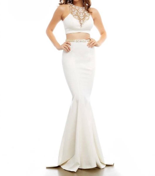 two-piece mermaid gown in ivory/gold