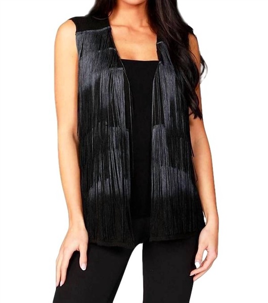 layered fringe vest in black/gray