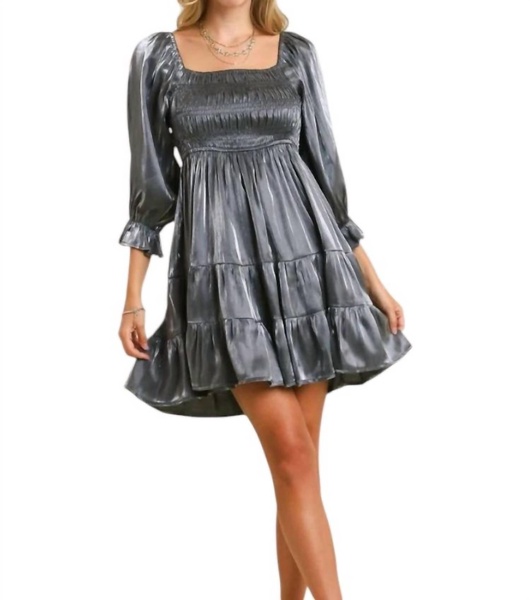 satin smocked babydoll dress in grey