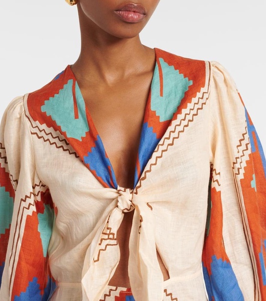Printed tie-detail linen midi dress