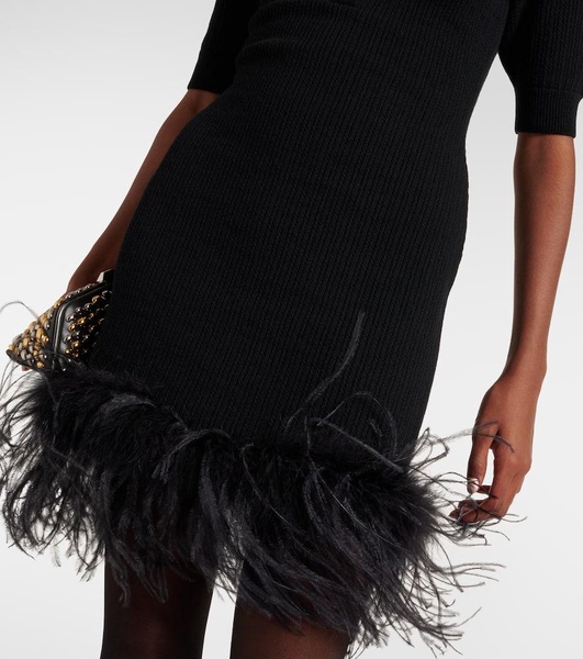 Feather-trimmed wool minidress