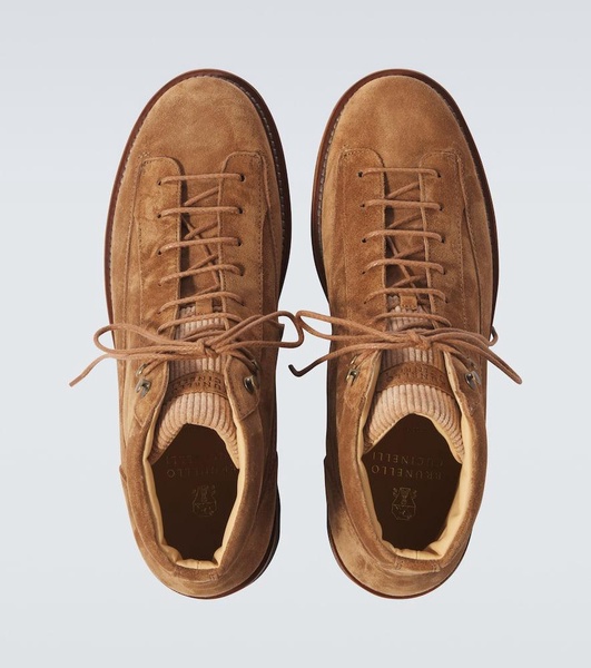Corduroy-trimmed leather lace-up boots