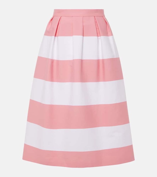 Striped pleated cotton-blend midi skirt