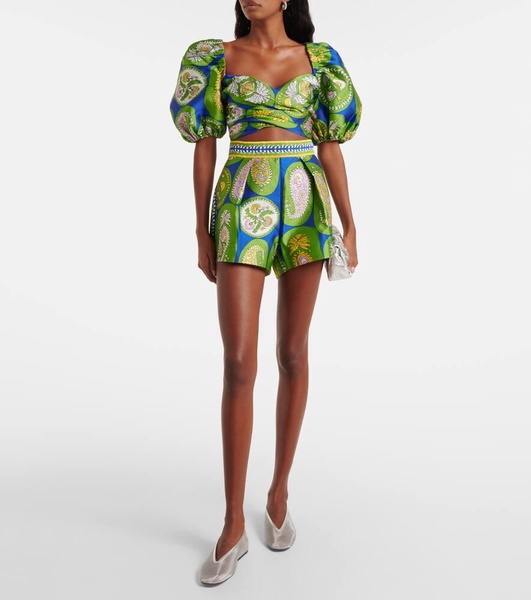 Printed pleated high-rise shorts