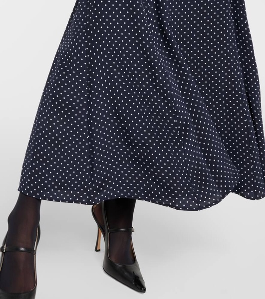 Polka-dot puff-sleeve silk midi dress