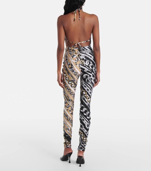 Printed embellished halter-neck crop top