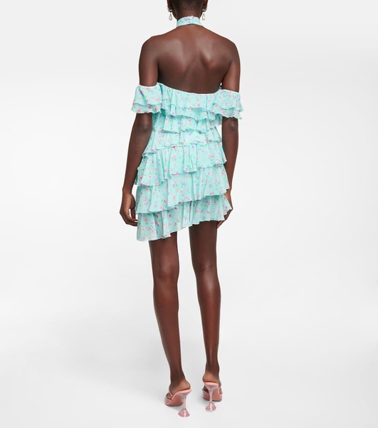 Halterneck ruffle-detail silk minidress