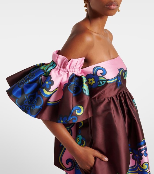 Floral off-shoulder satin maxi dress 