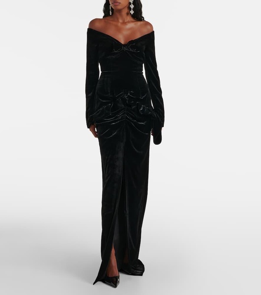 Bow-detail off-shoulder velvet gown