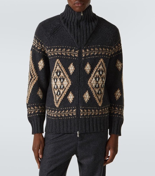 Cashmere jacquard zip-up cardigan