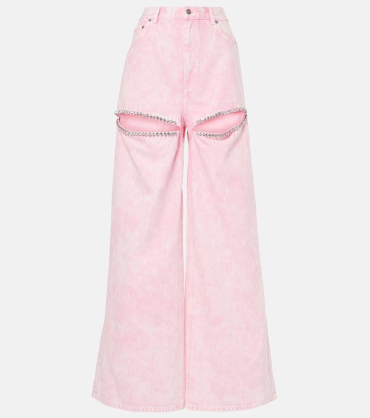 Cutout crystal-embellished wide-leg jeans