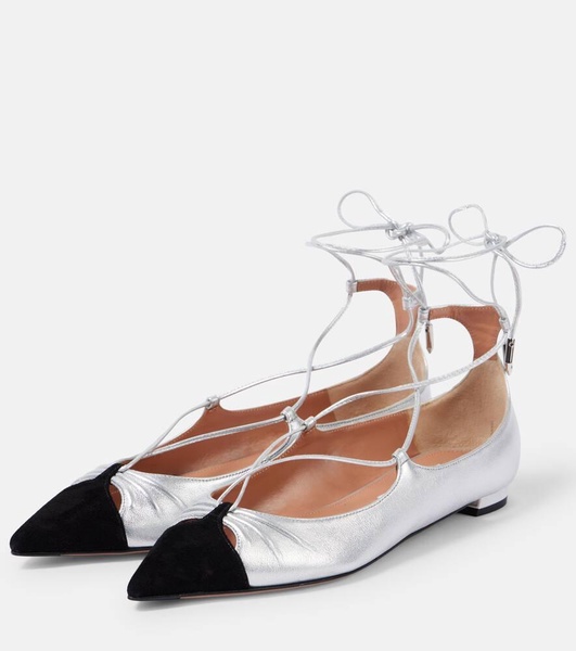Gabi suede-trimmed metallic leather flats