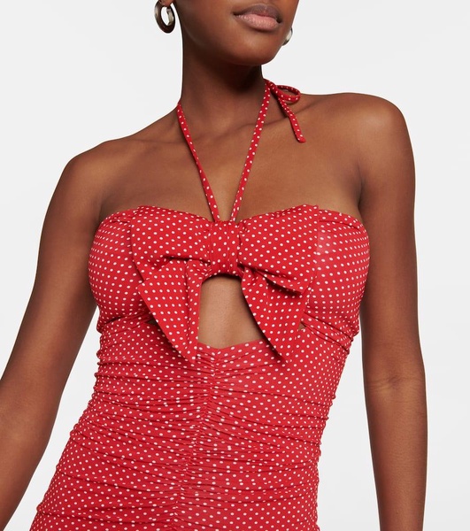 Polka-dot ruched cutout midi dress