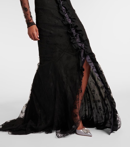 Bow-detail ruffled off-shoulder lace gown