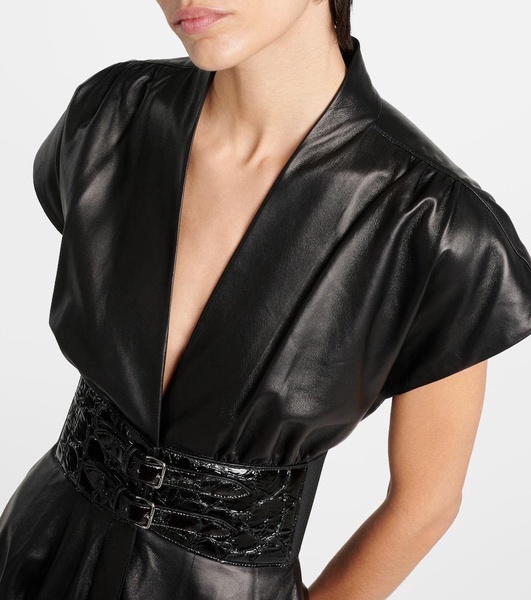 Belted leather midi dress