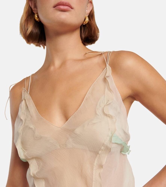 Sheer ruffled silk chiffon top