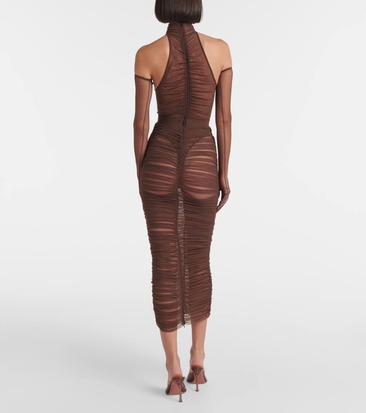 Ruched mesh midi skirt