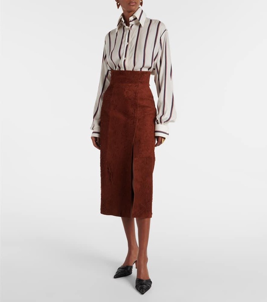 High-rise suede midi skirt