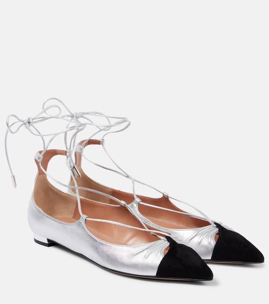 Gabi suede-trimmed metallic leather flats