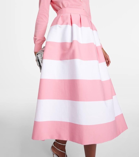 Striped pleated cotton-blend midi skirt