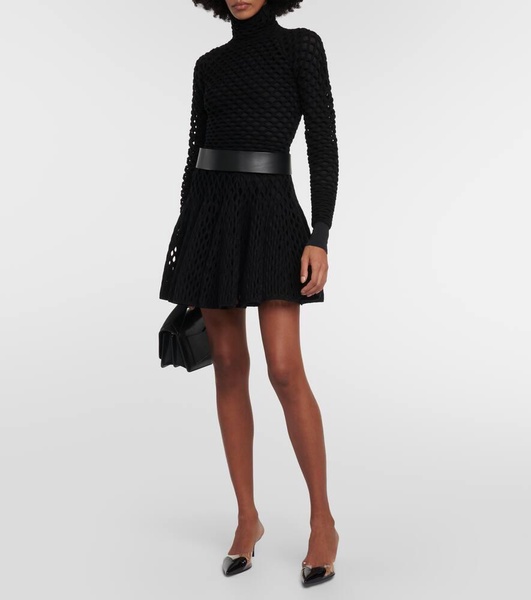 High-rise wool-blend open-knit miniskirt