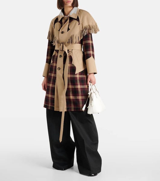 Fringed checked trench coat