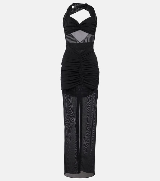 Ruched sheer mesh maxi dress