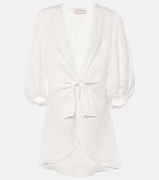 Puff-sleeve linen-blend blouse