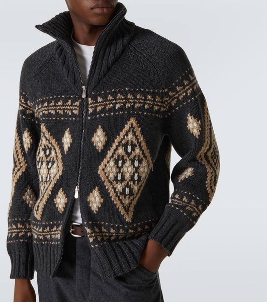 Cashmere jacquard zip-up cardigan