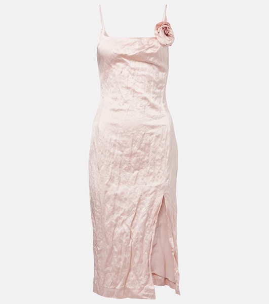 Floral-appliqué satin midi dress