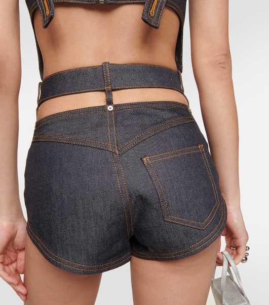 Embellished cutout denim shorts