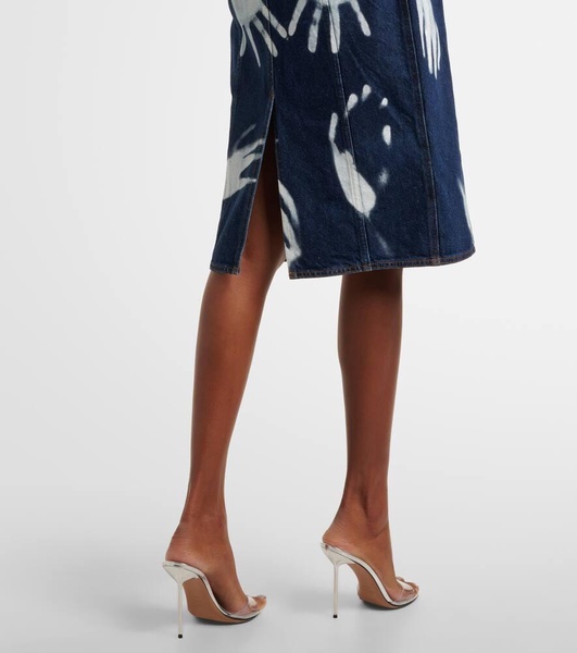 Printed strapless denim midi dress