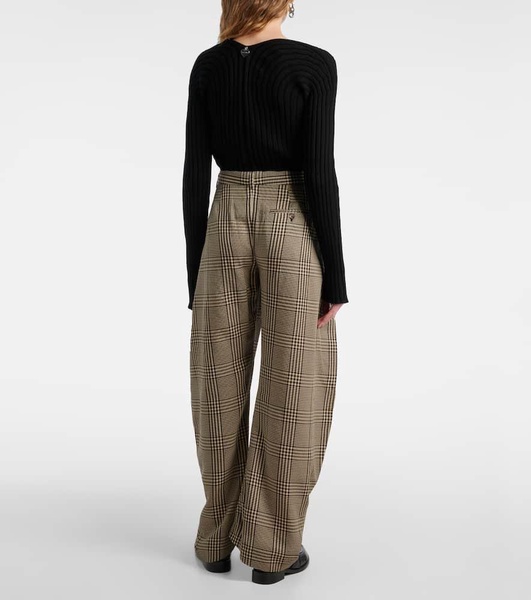 Plaid mid-rise barrel-leg pants