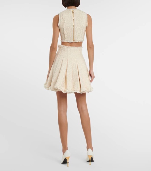 Cotton-blend tweed pleated skirt